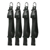 Ein Satz aus vier schwarzen, strapazierfähigen Gepäckriemen und Rucksackclips mit Metallringen.