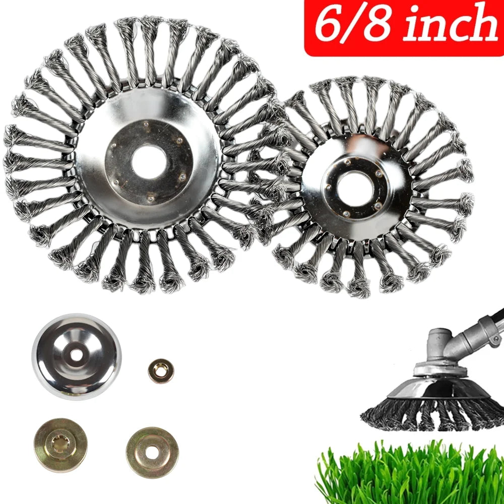 A silver universal gas or petrol trimmer head with 6/8 inch blades and mounting hardware.