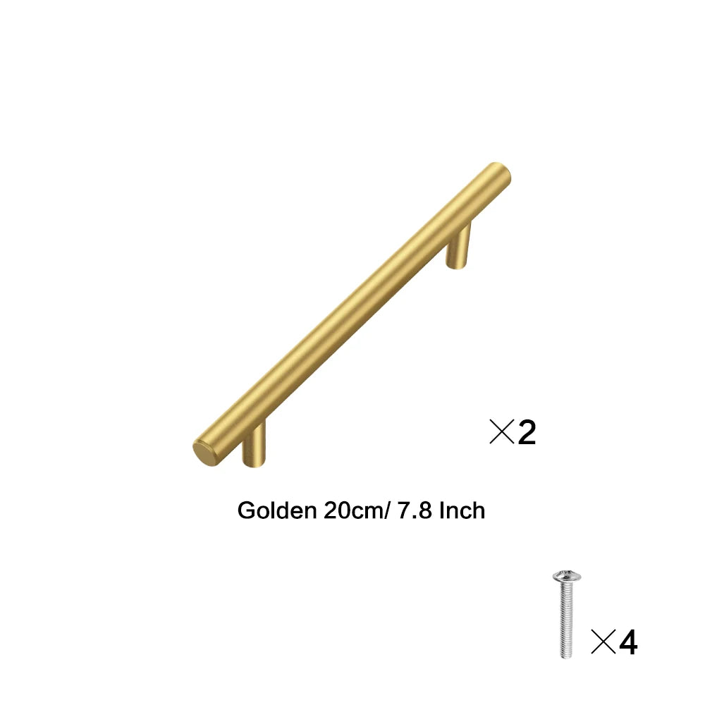 Two golden cabinet handles and four screws shown for installation.