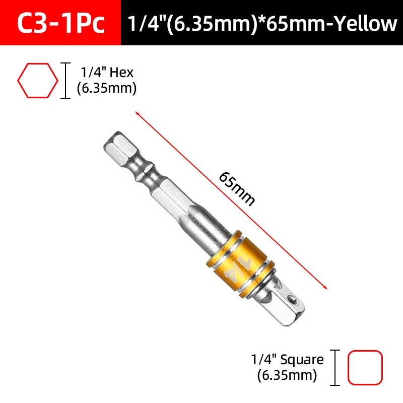 Yellow 1/4 inch hex socket adapter with a 65mm length and square end.