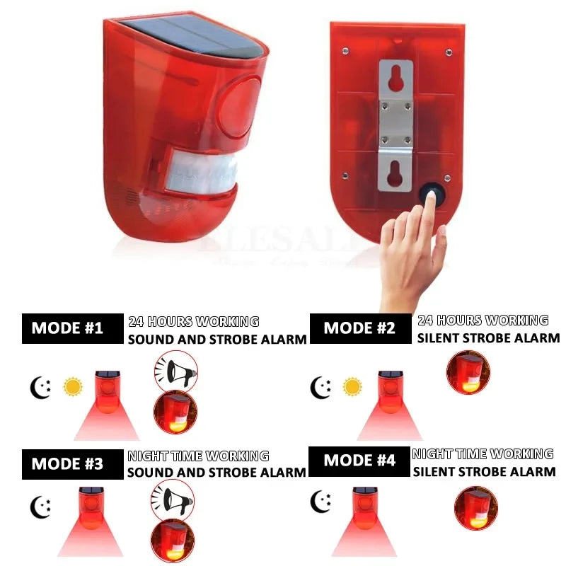 Four modes of a solar motion security alarm are displayed, showing sound and strobe alarms during day or night.