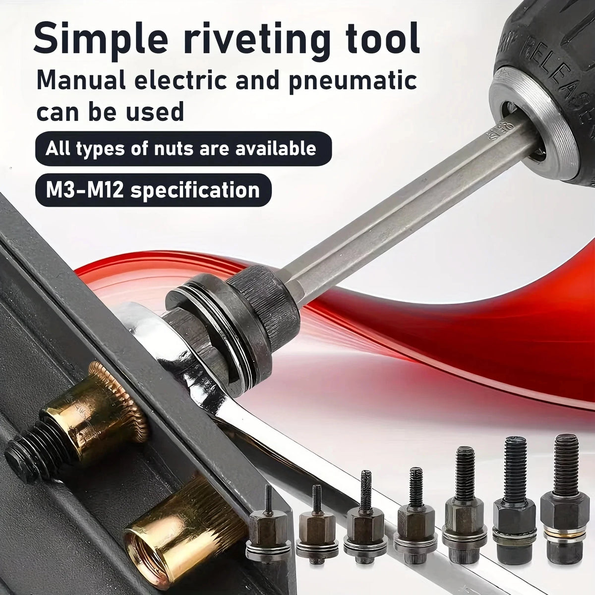 A manual electric and pneumatic tool is shown next to various types of nuts and bolts for riveting work.