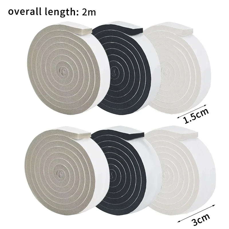 Rolls of self-adhesive foam weather stripping tape in gray and black for doors and windows