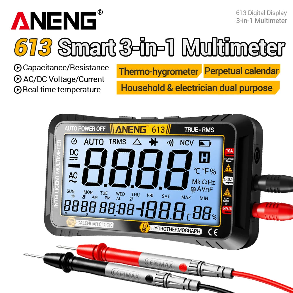 An ENG 613 Smart 3-in-1 Multimeter device with a display and probe shown next to the product title.