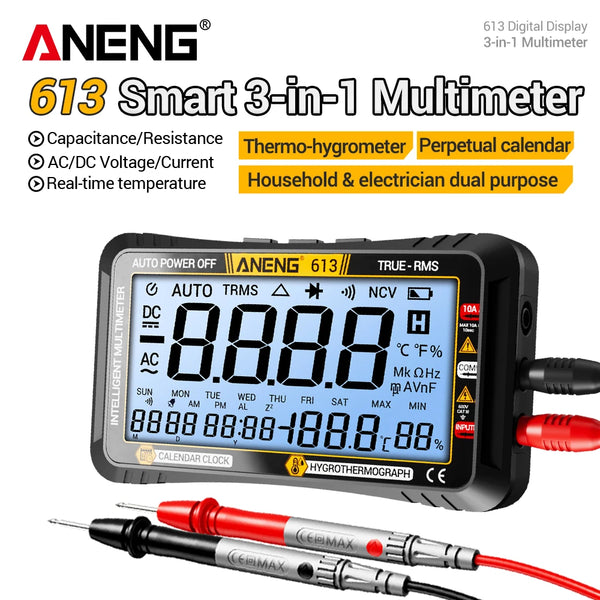 An ENG 613 Smart 3-in-1 Multimeter device with a display and probe shown next to the product title.