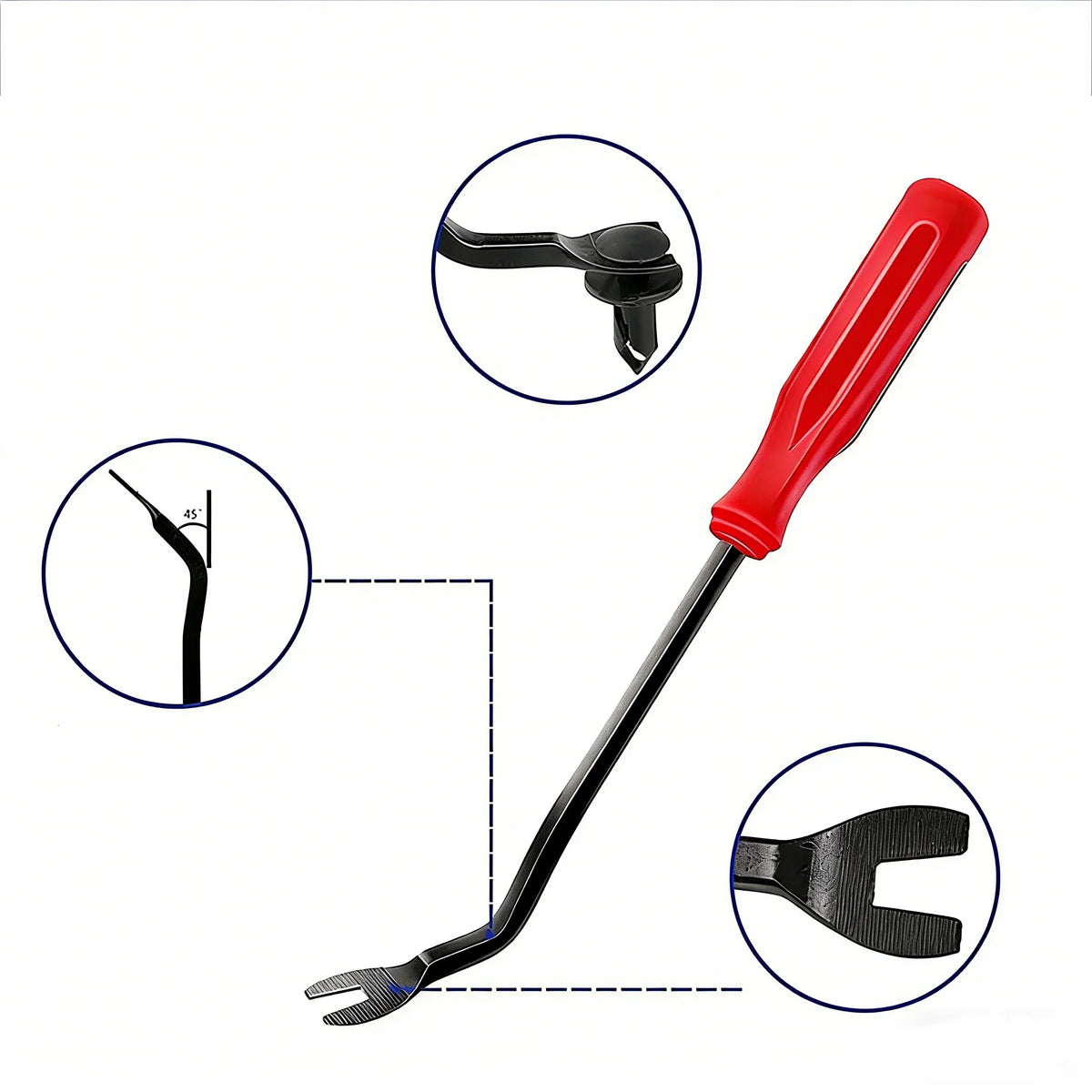 A set of red universal trim clip removal pliers with various tips shown in detail.