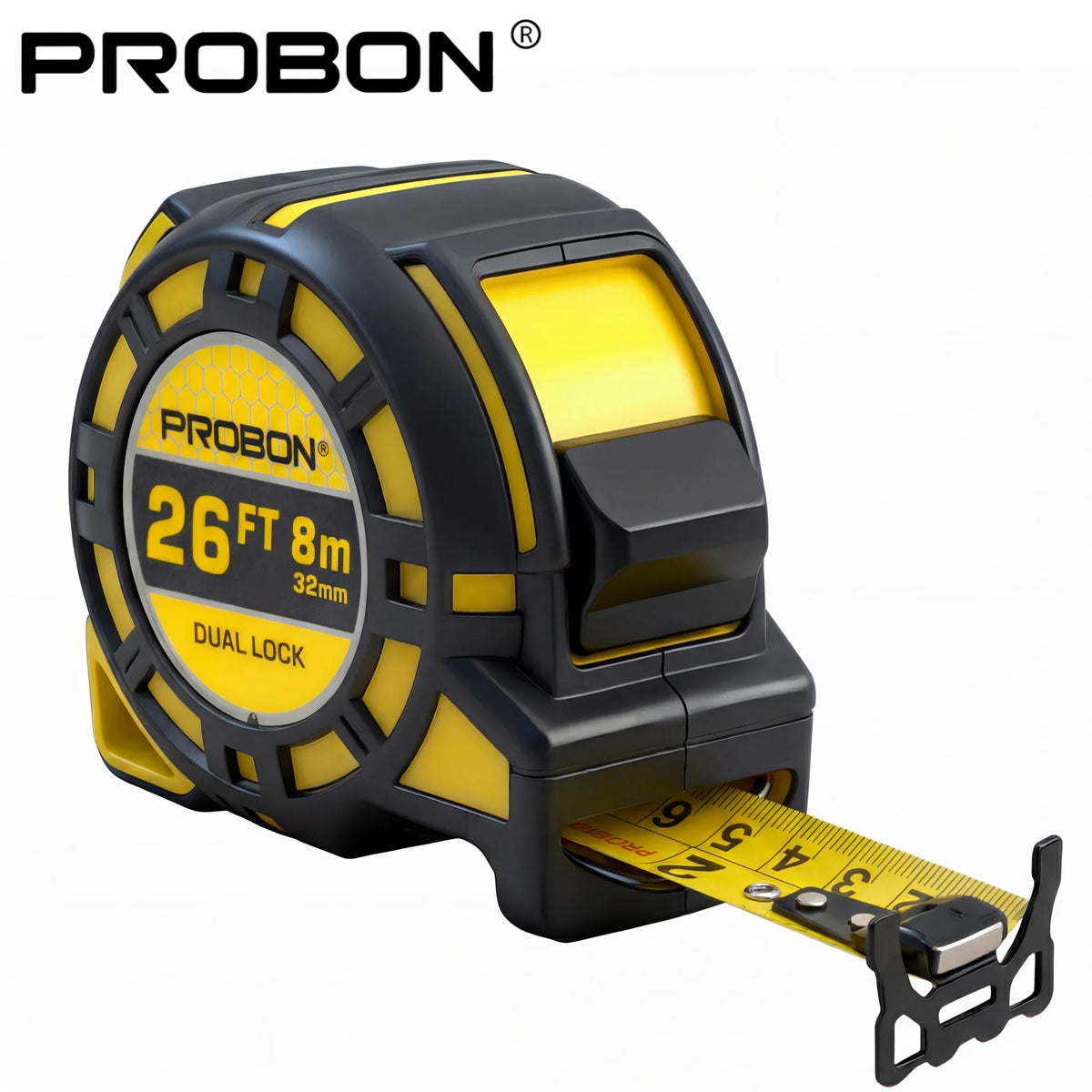 A yellow and black PROBON dual-lock tape measure showing a 26ft 8m measurement.