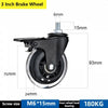 Roue de frein noire de 3 pouces avec vis M6 15mm et support pour quatre roues.