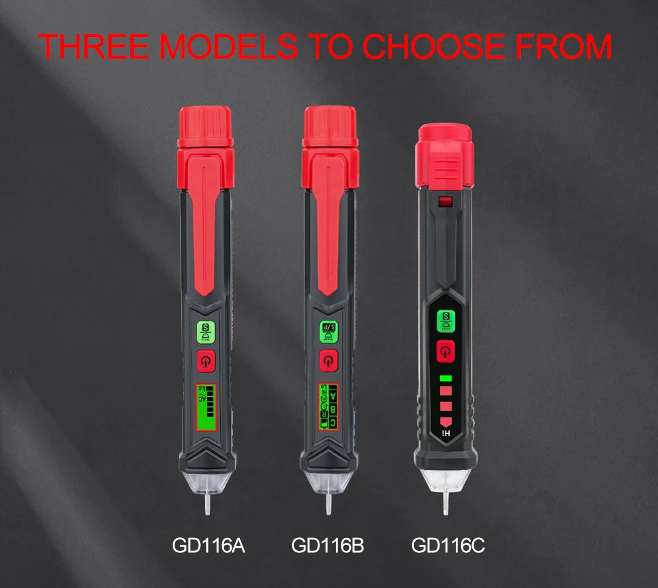 Three models of non-contact voltage tester pens, GD116A, GD116B, and GD116C, shown vertically.
