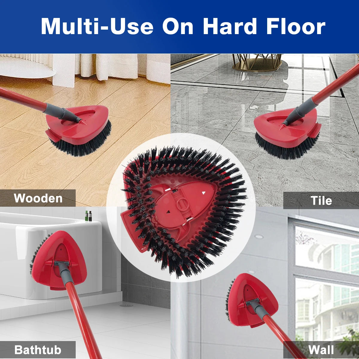 A set of multi-use red mop heads and handles for cleaning hard floors, tile, bathtub, and walls.