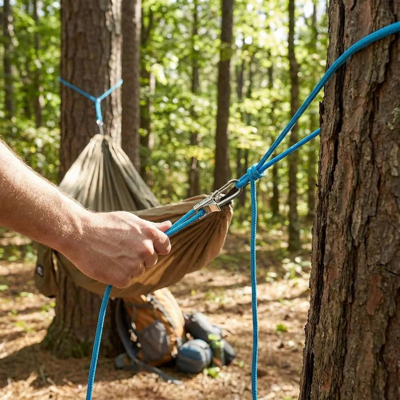 Una mano usa una cuerda azul para atar o tensar una hamaca entre dos troncos de árboles en un bosque.