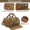 Bolsa de herramientas resistente marrón con bolsillos externos, múltiples ranuras para herramientas pequeñas y una bolsa de m