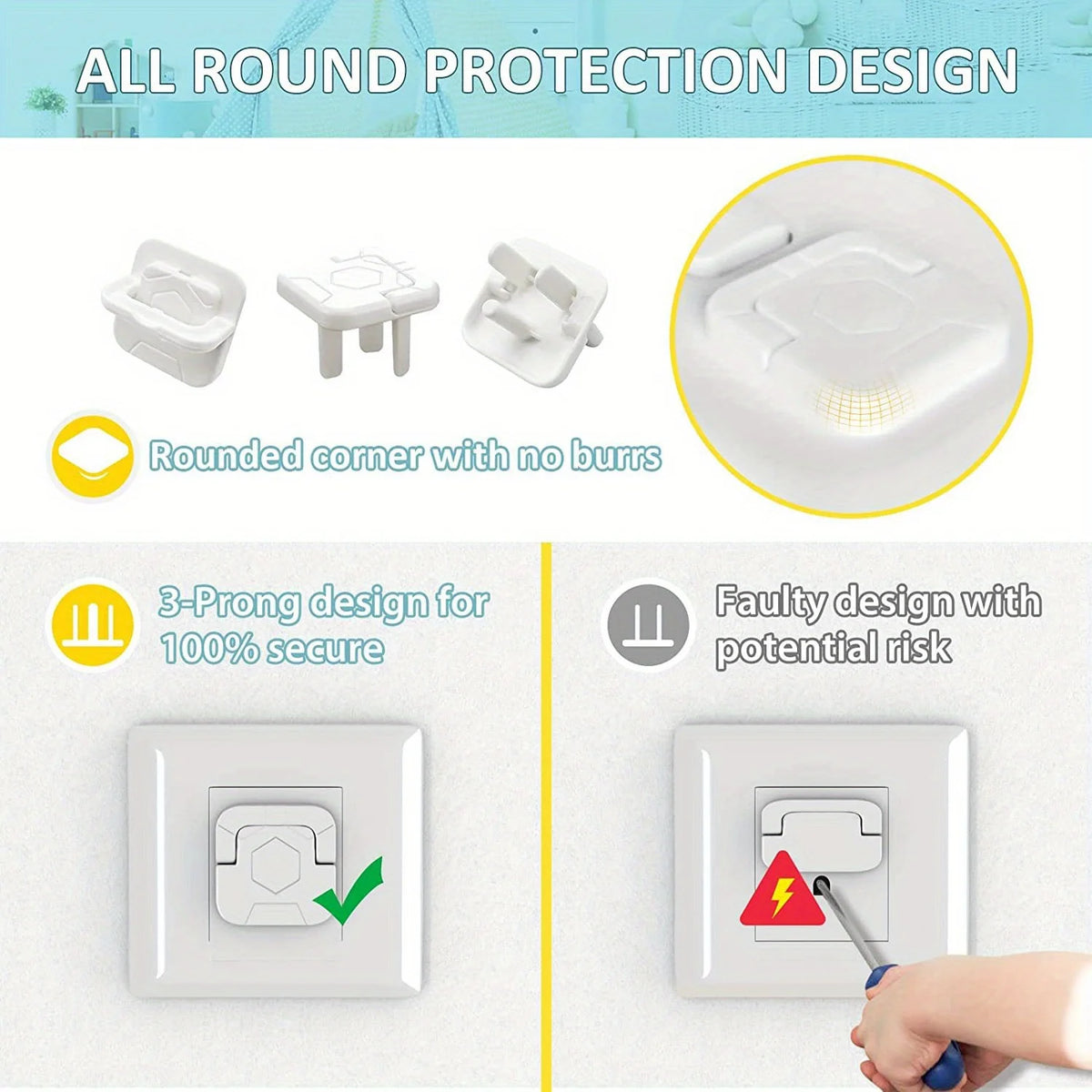 Various round and pronged outlet covers designed for baby proofing safety