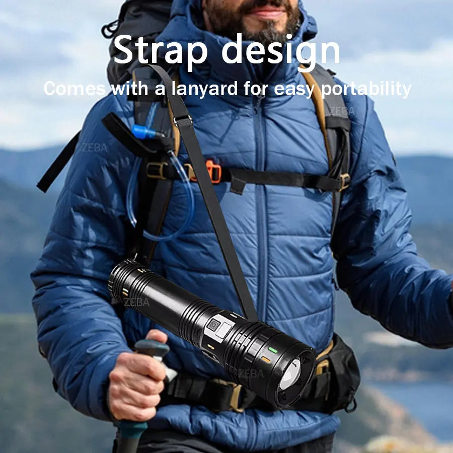 A person wearing a blue jacket is holding an Ultra-Bright Tactical LED Flashlight with Zoom & Multi-Mode attached to a strap 