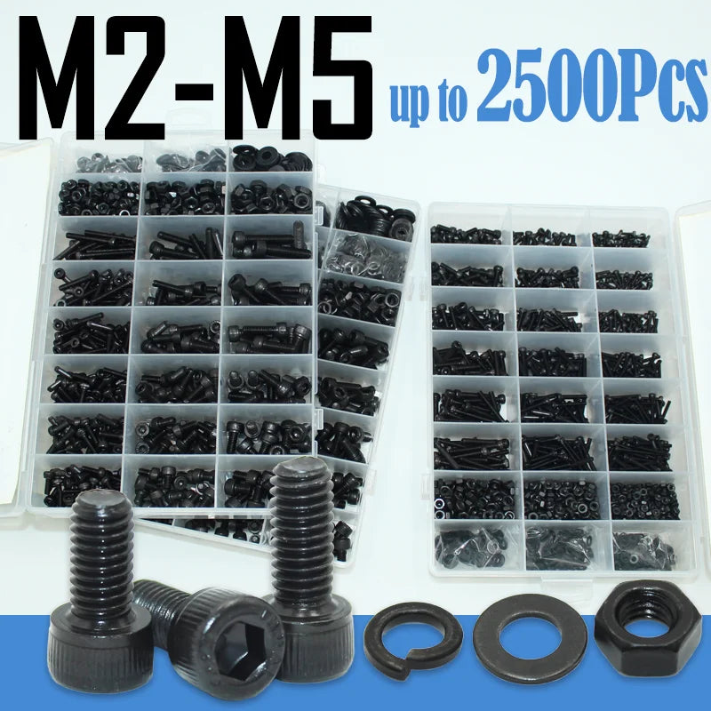 A collection of M2-M5 hex socket head cap screws and nuts, including various sizes and quantities up to 2500 pieces.