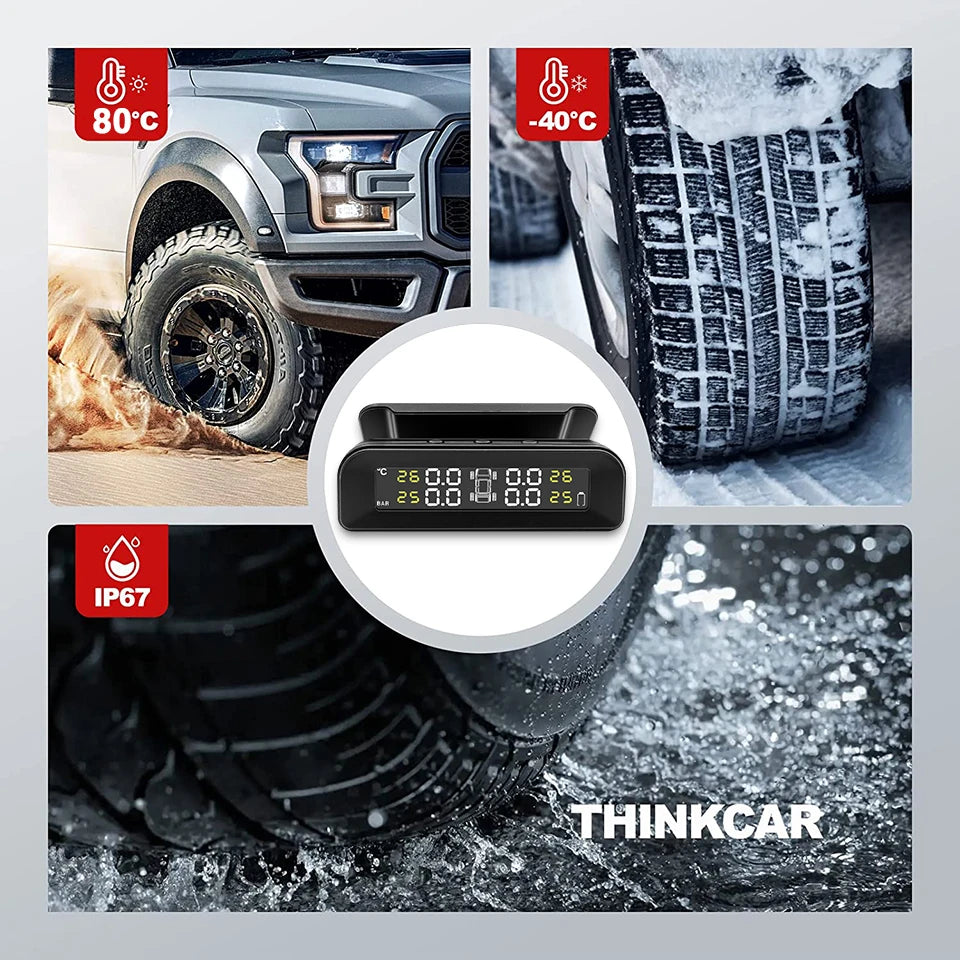 A black tire pressure monitoring system is shown in various contexts, including a vehicle, a boot, and water.