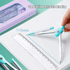 A hand holds a silver drawing tool set featuring a compass and ruler on a white sheet of paper.