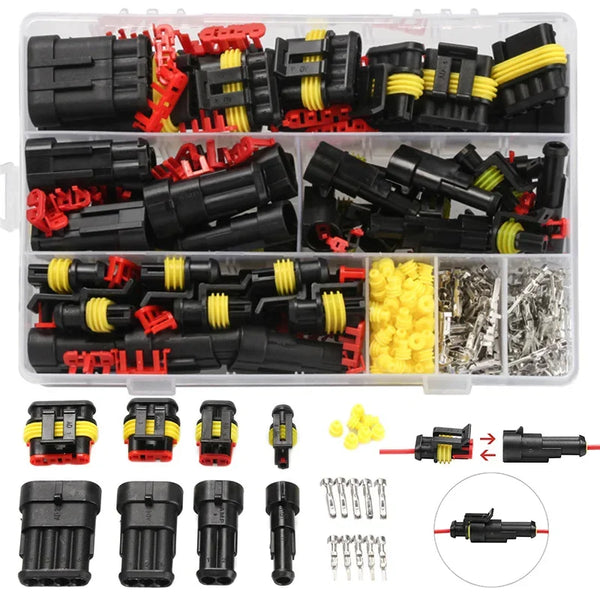 A plastic kit containing various electrical connectors, plugs, and wiring components for vehicles and boats.