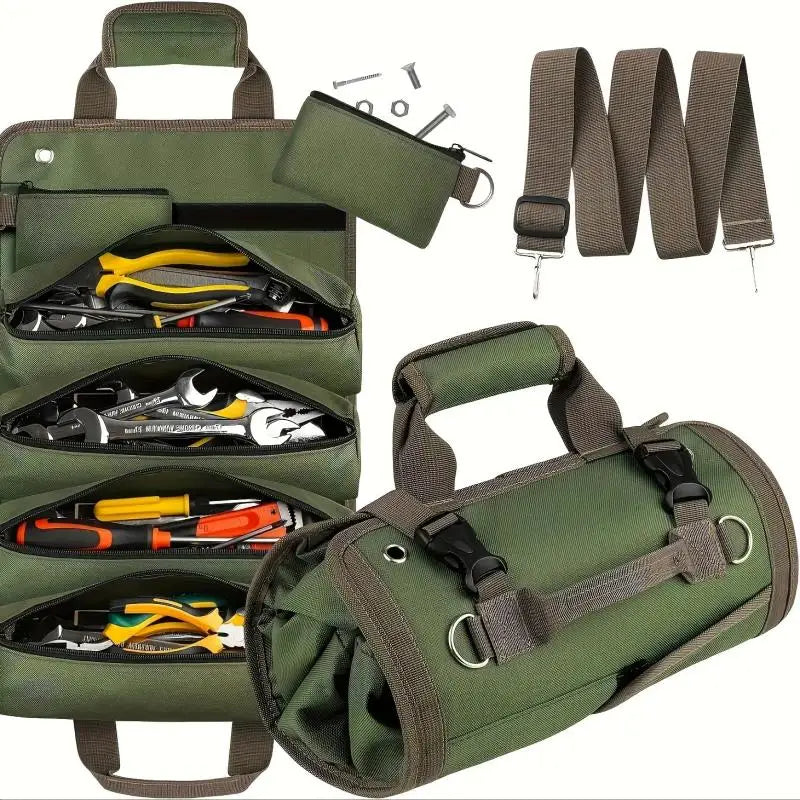 Grüne tragbare Multi-Taschen-Werkzeug-Organizer-Hülle mit mehreren Fächern und Trageriemen.