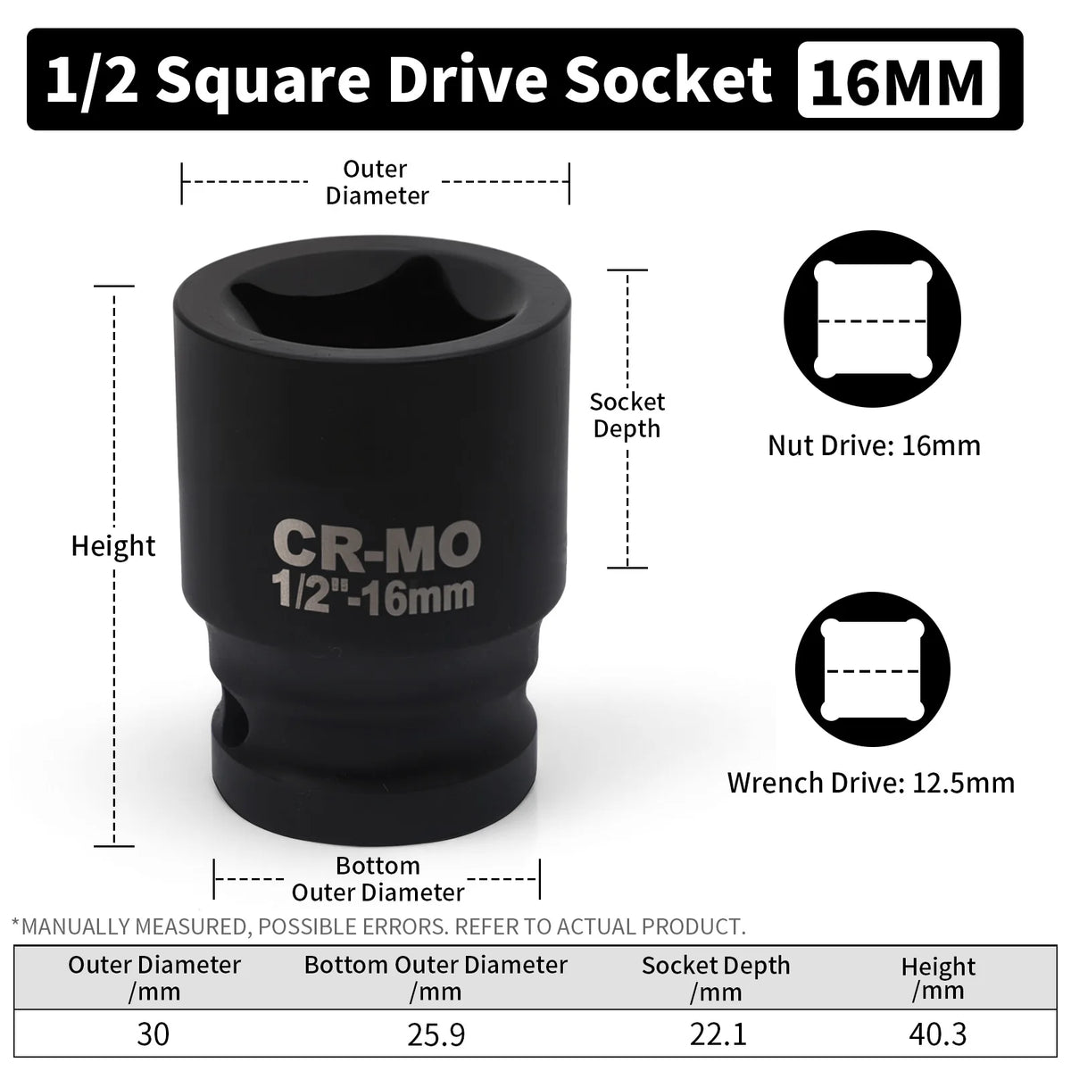 A black 1/2 square drive socket with a 16mm drive size and various dimensions shown.