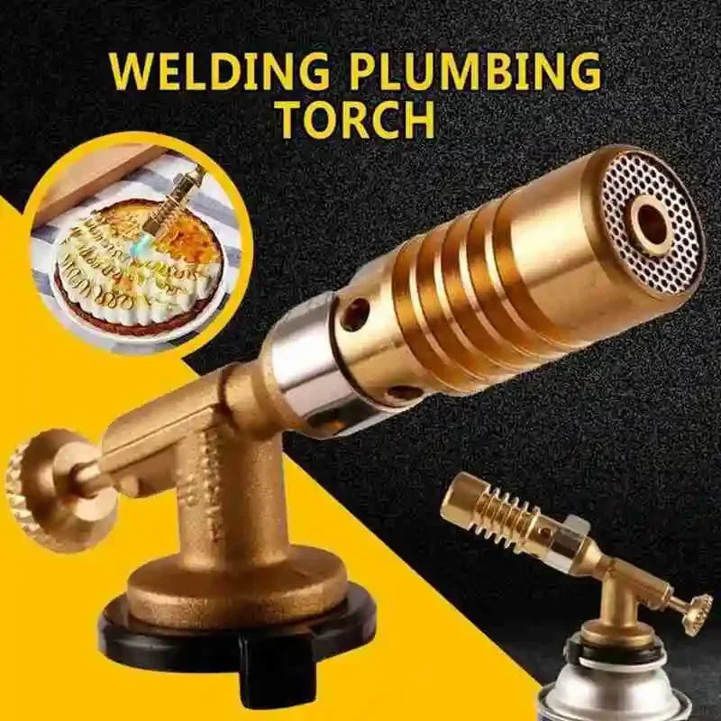 A brass welding plumbing torch with a nozzle and mounting base is shown against a black background.