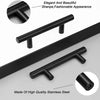 Black stainless steel T-bar cabinet handles shown in various angles and with a close-up of the material.