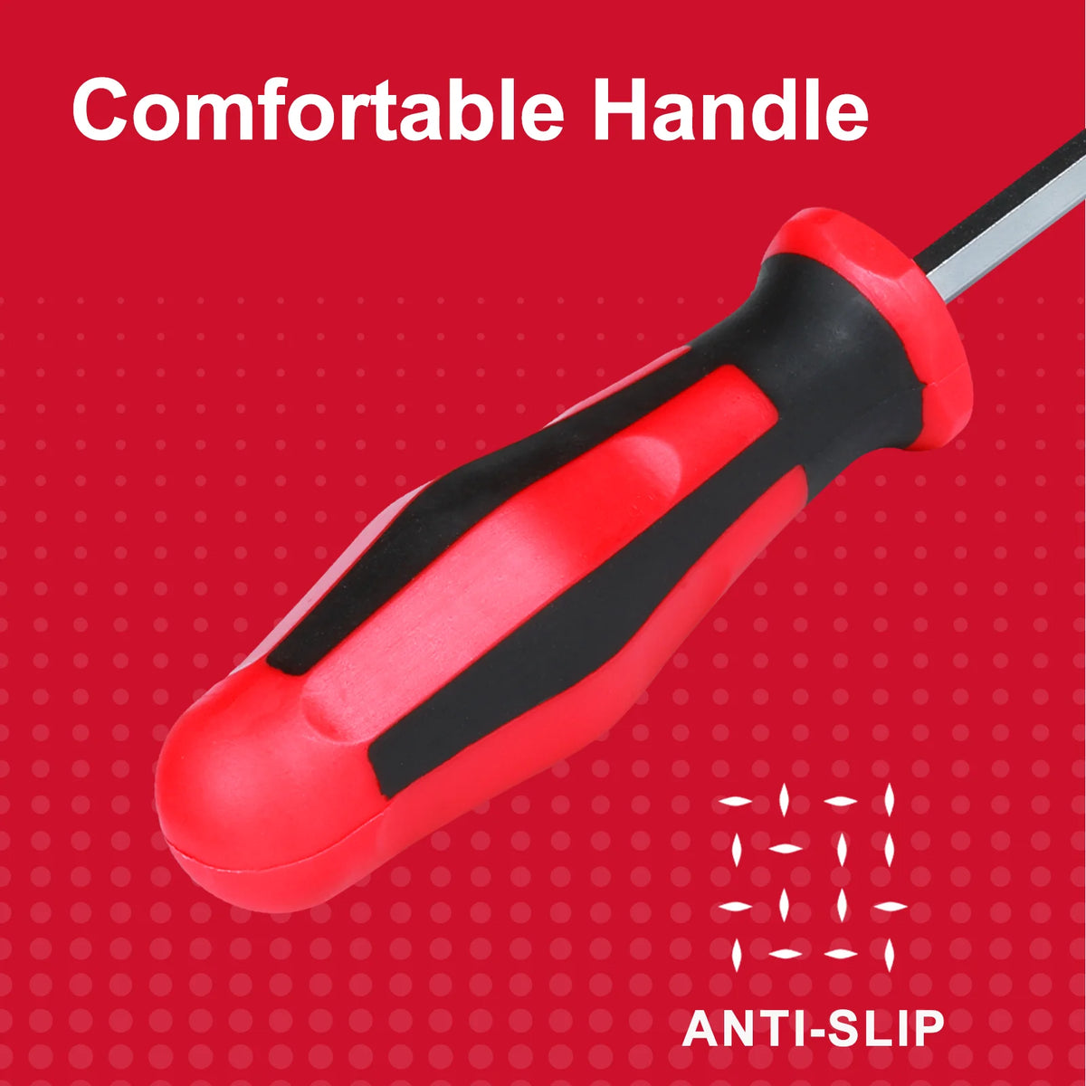 Close-up of a red and black handle for a tool featuring an anti-slip grip.