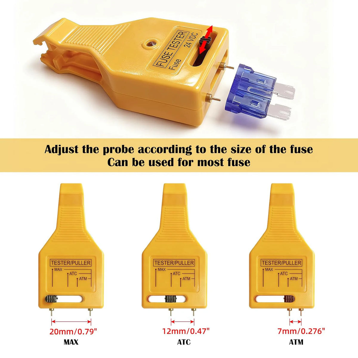 A yellow DC 24V automotive fuse tester and puller tool with various sized probes for testing fuses.