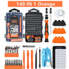 An orange 140 in 1 multi-bit screwdriver repair kit with various tools and bits.