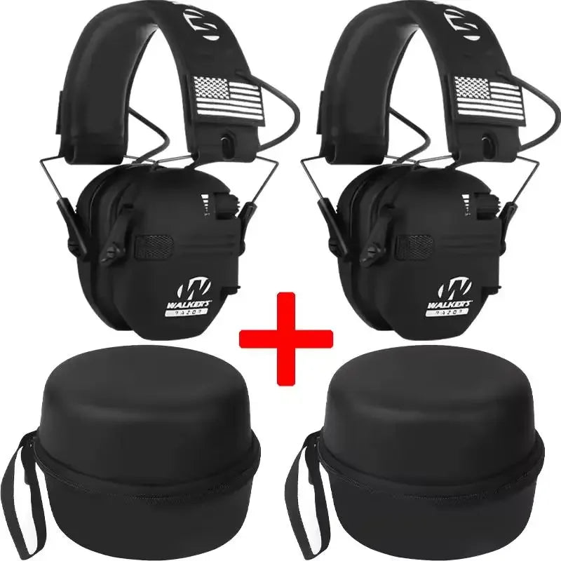 A set of black professional noise reduction ear muffs with voice amplification and protective cups.