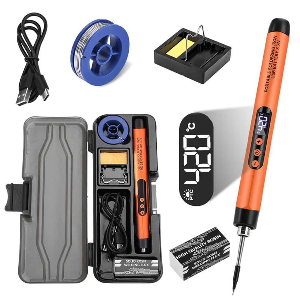 A digital soldering iron kit showing the iron, soldering tip, iron holder, and USB soldering iron set.