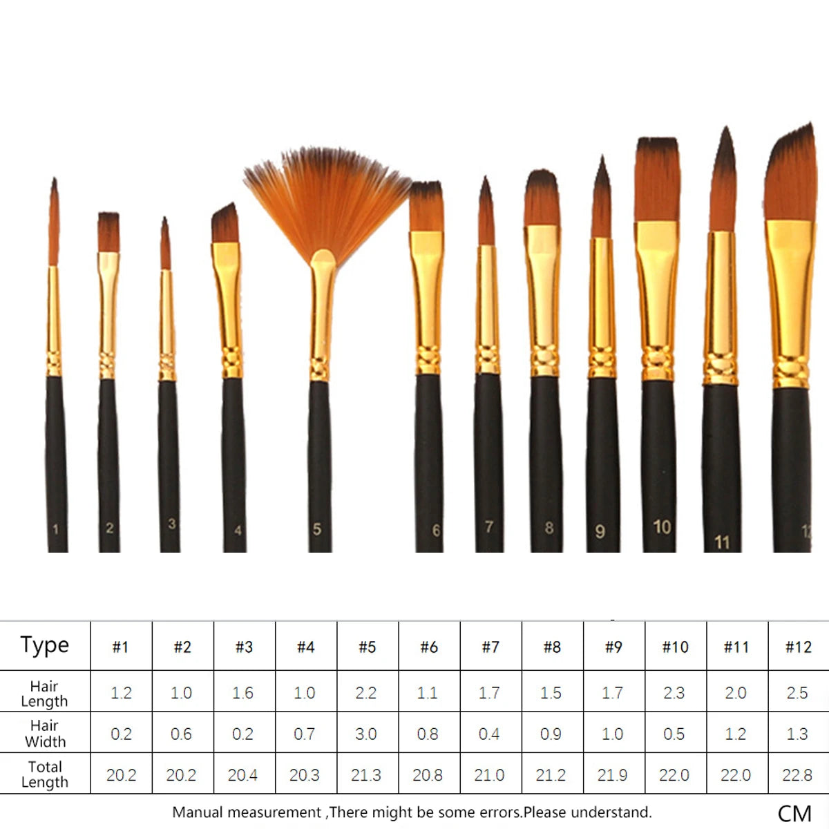 A set of twelve nylon flat brushes with varying sizes and lengths displayed in a row.