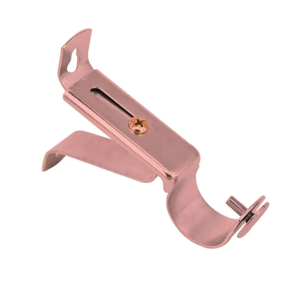 A rose gold adjustable metal curtain rod bracket with a threaded end.