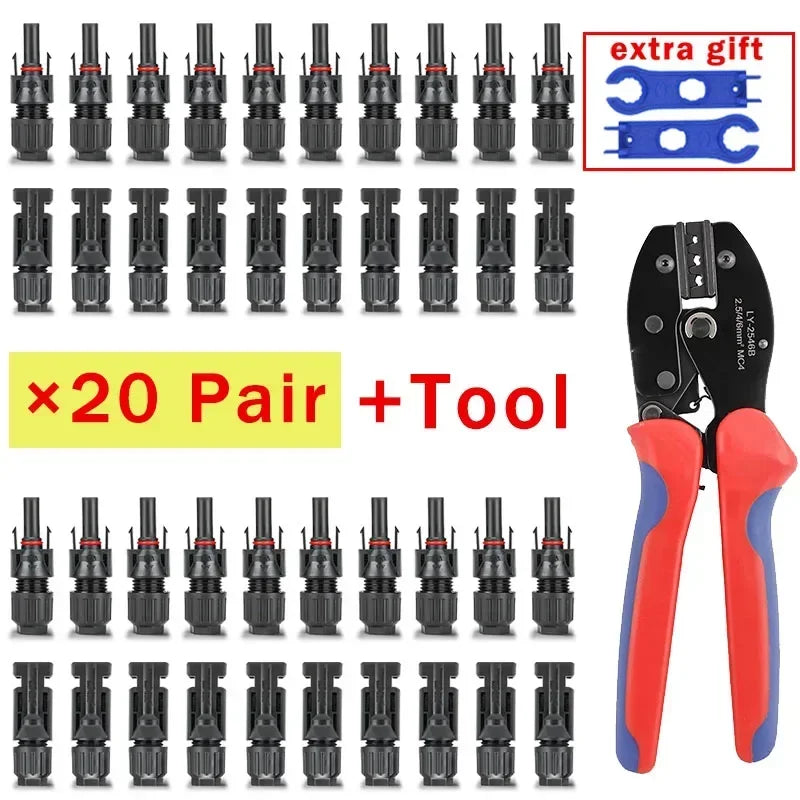 A set of 20 pairs of solar PV panel connectors and tools for electrical connections
