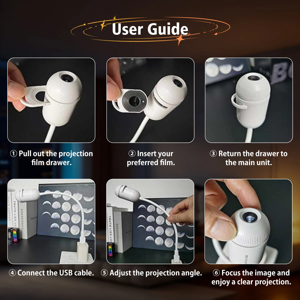 User guide showing steps to set up and use a dual-mode USB projection lamp for ambient lighting.