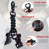 A black paracord and metal trigger snap hook glove clip is shown on a hand, demonstrating its use for securing items.