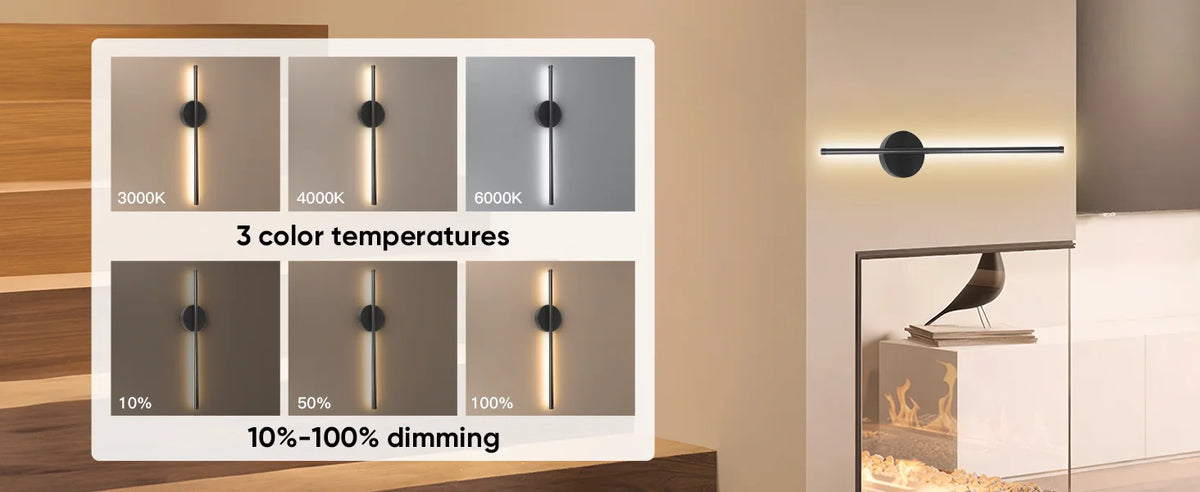 Una pantalla que muestra tres temperaturas de color y niveles de atenuación de un aplique de pared giratorio.