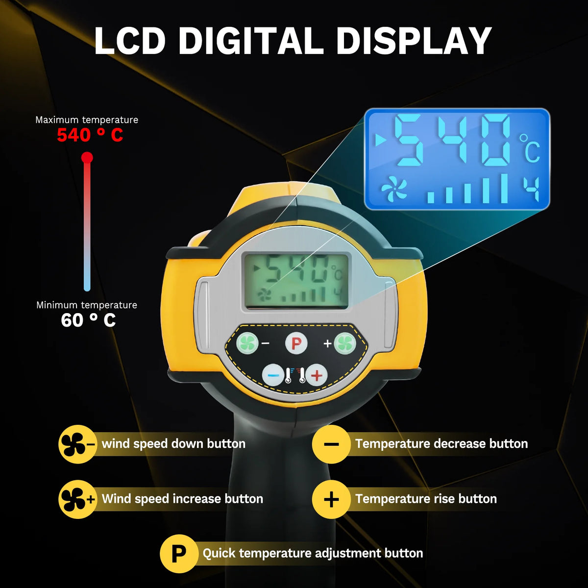 A yellow cordless heat gun displaying a digital temperature of 540 degrees Celsius with various control buttons.