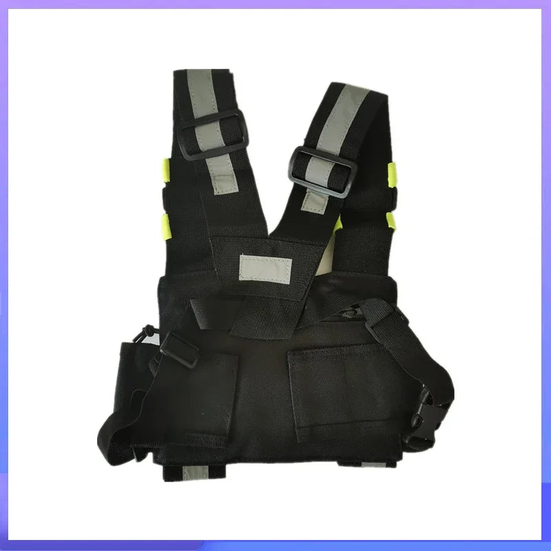 Black adjustable reflective chest harness designed for walkie-talkies.