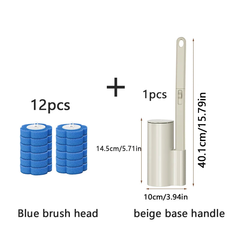 A set of 12 blue brush heads and one beige base handle for a dual-use toilet brush.