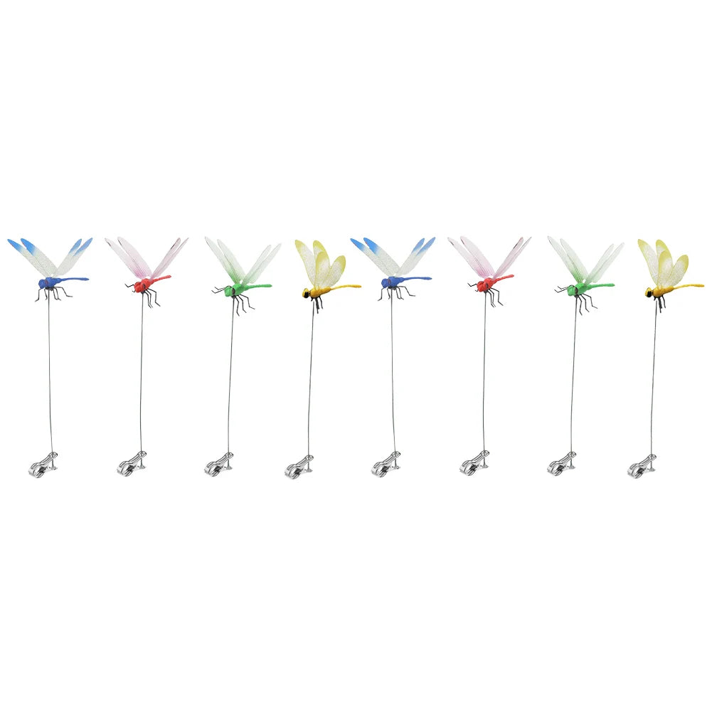 A set of ten realistic dragonfly clips in various colors and designs for garden decor.