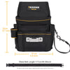 Black tool bag with a shoulder strap and waist belt, measuring 22cm high and 15cm wide.