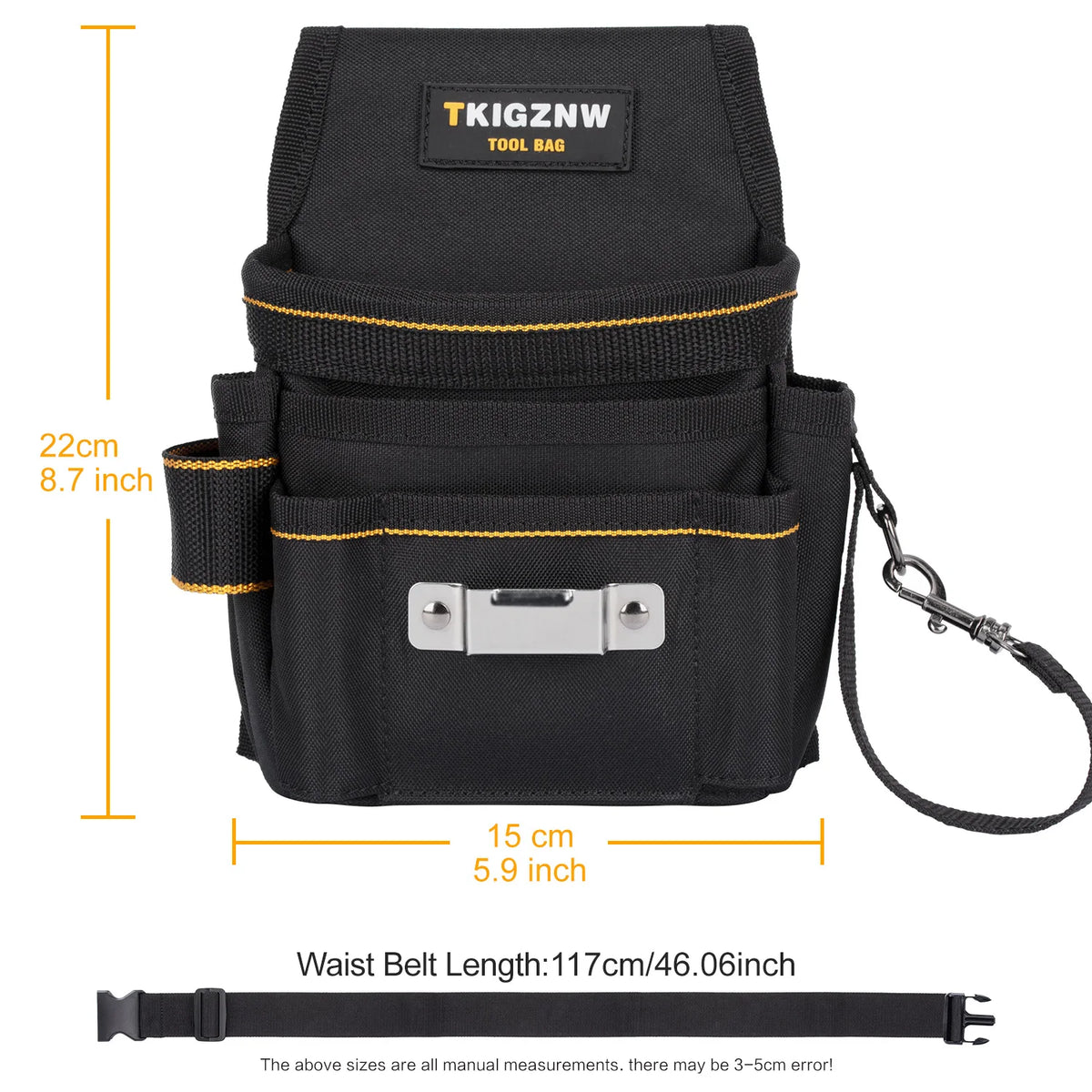 Black tool bag with a shoulder strap and waist belt, measuring 22cm high and 15cm wide.