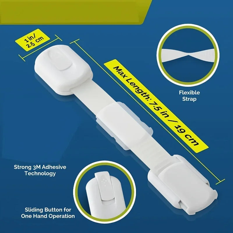 White adjustable child safety lock strap with a sliding button for one-hand operation