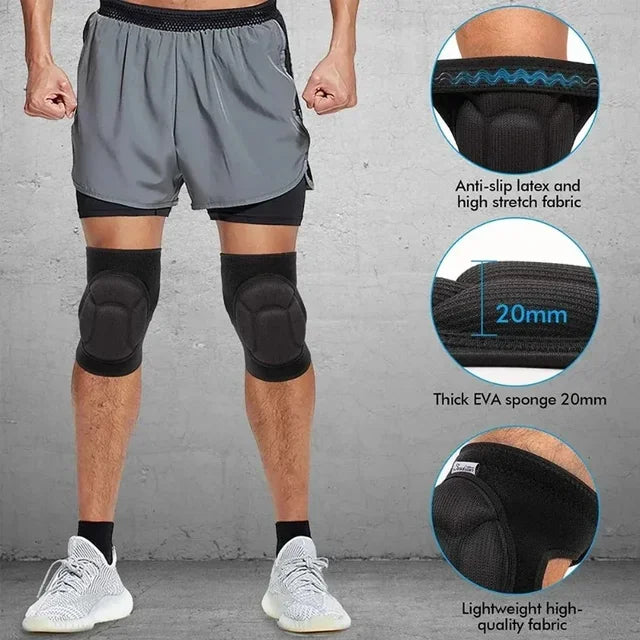 A person wearing black shorts and white sneakers demonstrates durable knee pads for gardening and sports.