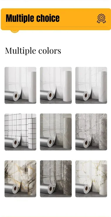 Plusieurs couleurs d'autocollants muraux imitation marbre, montrés sous différents angles rapprochés.