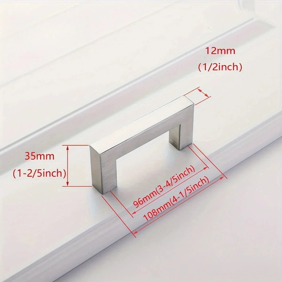 A stainless steel cabinet pull with a 35mm length and 12mm thickness shown against a white background.