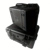 Boîte à outils portable noire et durable avec insert de protection, vue de dessus et de côté.