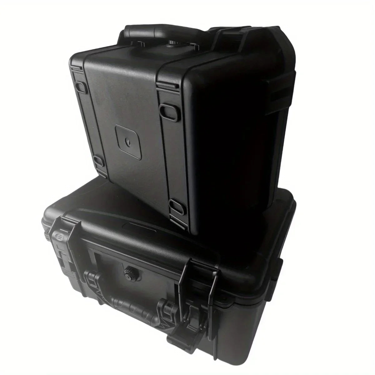 Boîte à outils portable noire et durable avec insert de protection, vue de dessus et de côté.