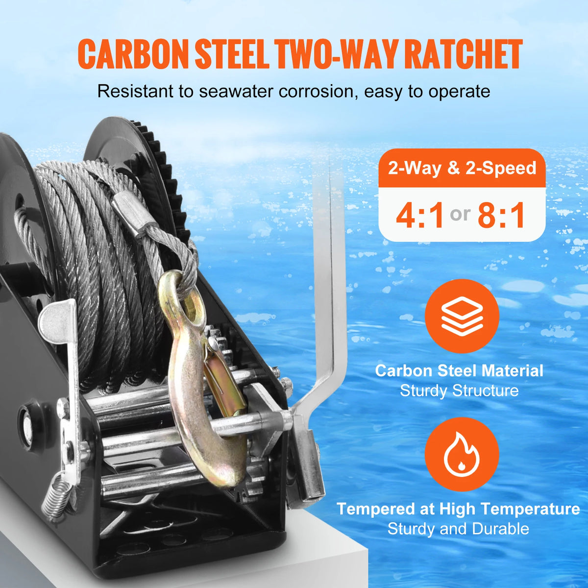 A close-up of a carbon steel two-way ratchet mechanism with a steel cable and a metal hook.